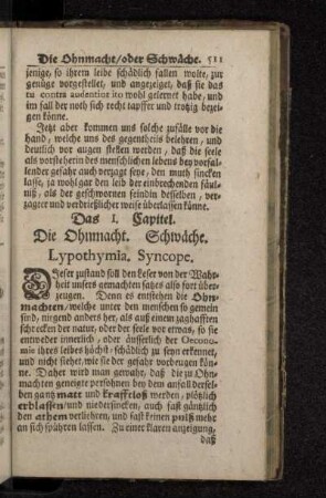 Das I. Capitel. Die Ohnmacht. Schwäche. Lypothymia. Syncope.