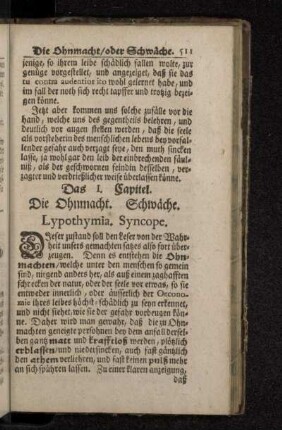 Das I. Capitel. Die Ohnmacht. Schwäche. Lypothymia. Syncope.