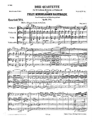 Felix Mendelssohn-Bartholdys Werke. 6,24. Nr. 24, Drittes Quartett : op. 44,1 in D. - 27 S. - Pl.-Nr. M.B.24