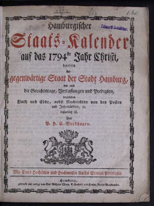 1794: Hamburgischer Staats-Kalender : auf das Jahr