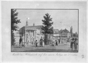 Dresden, Moritzmonument in den neuen Anlagen mit Staffage (Pirnaisches Tor)