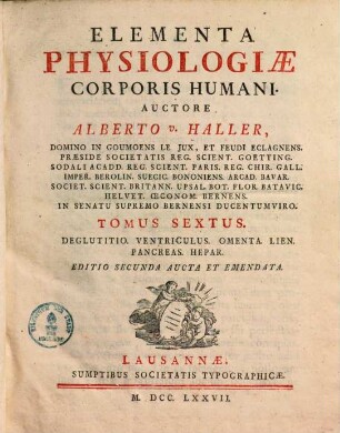 Elementa Physiologiae Corporis Humani. 6, Deglutitio, Ventriculus, Omenta, Lien, Pancreas, Hepar
