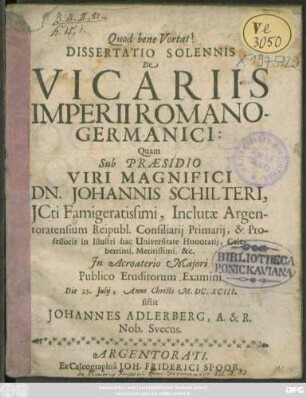 Dissertatio Solennis De Vicariis Imperii Romano-Germanici