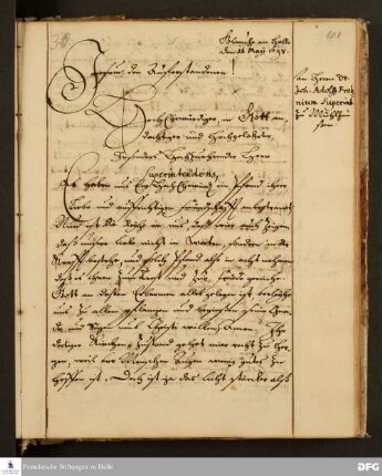Brief von August Hermann Francke an Johann Adolph Frohne.