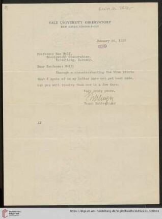 Briefe von Frank Schlesinger an Max Wolf: Brief von Frank Schlesinger von Yale University. Observatory an Max Wolf