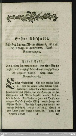 Erster Abschnitt. Fälle des hitzigen Rheumatismus, wo man Blutlassen anwendete