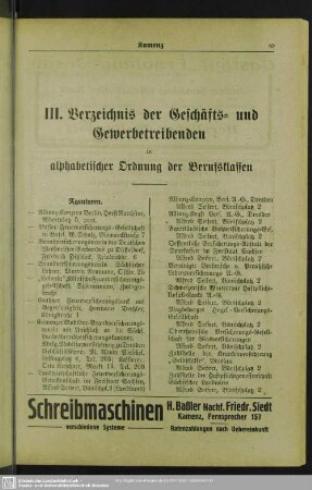 Berufsklassen und Gewerbebetriebe : III. Verzeichnis der Geschäfts- und Gewerbetreibenden