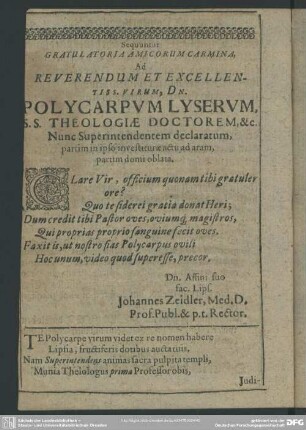 Sequntuur Gratulatoria Amicorum Carmina, Ad Reverendum Et Excellentiss. Virum, Dn. Polycarpum Lyserum
