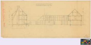 Klein-Rodensleben ([Landkreis Wanzleben]): Gehöft Zabel. - Wohnhaus (Querschnitt). - Stall B (Seiten-Ansicht). - Stall A (Querschnitt)