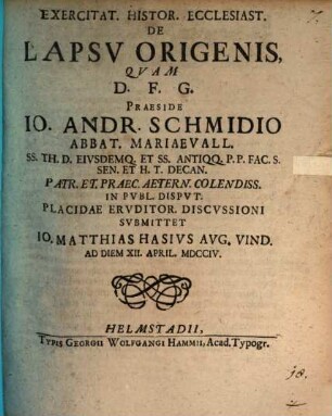Exercitat. Histor. Ecclesiast. De Lapsv Origenis