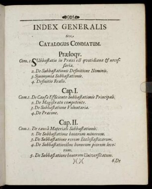 Index Generalis Sive Catalogus Commatum.