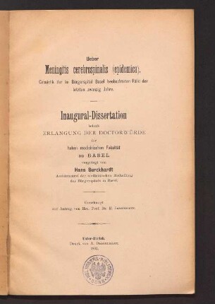 Ueber Meningitis cerebrospinalis (epidemica) : Casuistik der im Bürgerspital Basel beobachteten Fälle der letzten zwanzig Jahren