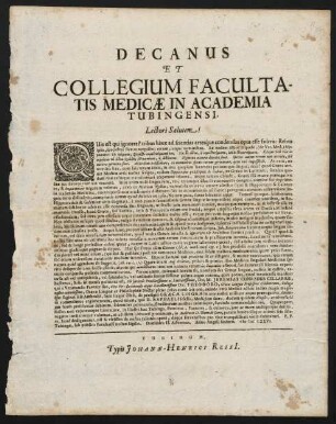 Decanus Et Collegium Facultatis Medicae In Academia Tubingensi, Lectori Salutem!