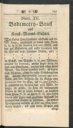 Num. XV.. Bodemerey-Brief auf Kauff-Manns-Güther