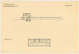 Boots- und Klubhaus Monatskonkurrenz November 1931: Grundriss 2. Obergeschoss, Längsschnitt 1:200; Maßstabsleiste