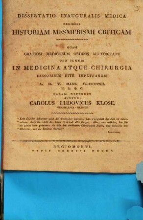 Diss. inaug. med. exhibens historiam Mesmerismi criticam