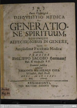Ex Parte Physiologica Disqvisitio Medica De Generatione Spirituum : Eorumque Affectionibus In Genere
