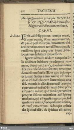 Anitiquissima duo principia Ignem se. & Aquam Spiritum sive Hippocratis divinum continere. Cap. VI