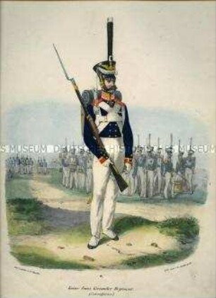 Uniformdarstellung, Unteroffizier des Grenadier-Regiments Kaiser Franz, Preußen 1830. Aus: Elzholz u.a.: Das Preussische Heer. Tafel 8.