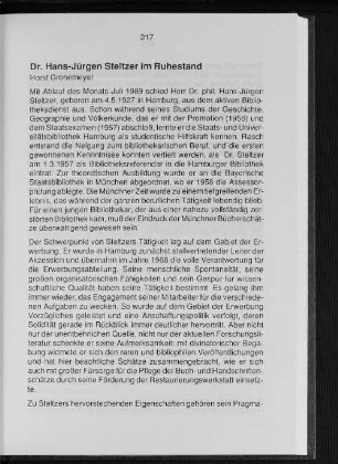 Dr. Hans-Jürgen Stelzer im Ruhestand