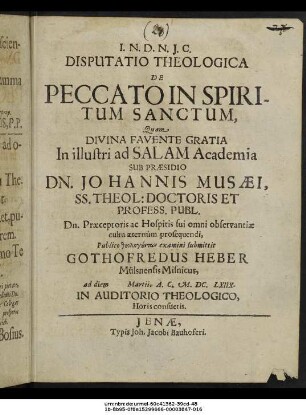 Disputatio Theologica De Peccato In Spiritum Sanctum