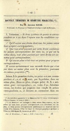 Nouveaux théorèmes de Géométrie projective.
