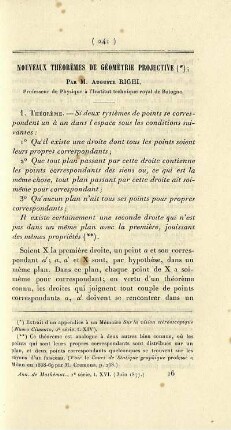Nouveaux théorèmes de Géométrie projective.