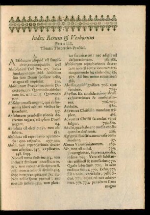 Index Rerum & Verborum Partis III.