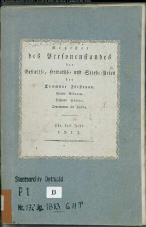 Zivilstandsregister der katholischen Gemeinde Fürstenau, Kreis Höxter (GHT 1813). (Gemeinde: Katholische Gemeinde Fürstenau)