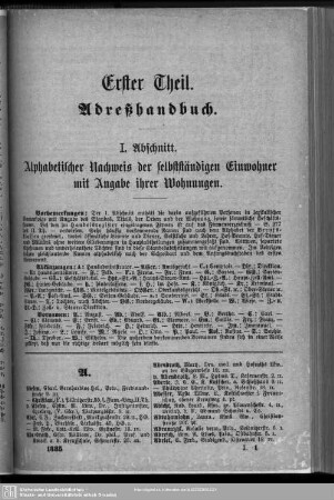 Einwohnerverzeichnis : I. Abschnitt. Alphabetischer Nachweis der selbständigen Einwohner mit Angabe ihrer Wohnungen.