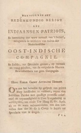 Vervolg van het redenkundig berigt des Indiaansen patriots, ...Oost-Indische compagnie