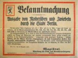 Bekanntmachung zur Ausgabe von Mohrrüben und Zwiebeln durch die Stadt Berlin