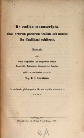 De codice manuscripto, vitas veterum poetarum Arabum sub nomine Ibn Challikani exhibente
