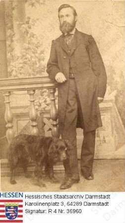 Bernbeck, Karl (1838-1891) / Porträt, mit Hund vor Landschaftskulisse stehend, Ganzfigur