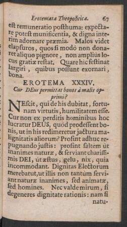 Erotema XXXIV. Cur DEus permittat bonos à malis opprimi?