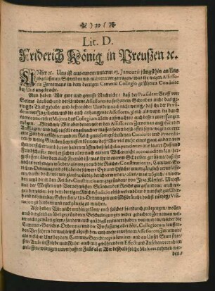 Lit. D. Friderich König in Preußen [et]c.
