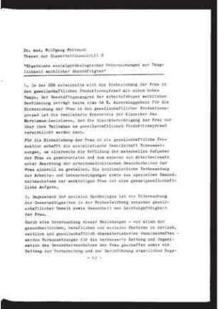 Ergebnisse sozialgynäkologischer Untersuchungen zur Tauglichkeit weiblicher Beschäftigter : Thesen zur Dissertationsschrift B