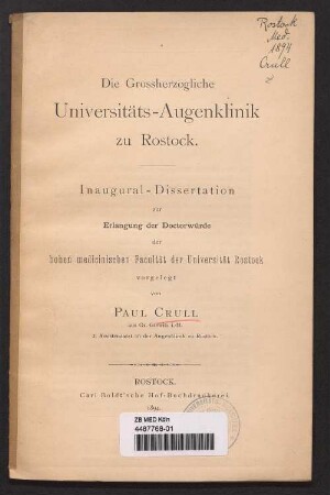 Die Grossherzogliche Universitäts-Augenklinik zu Rostock