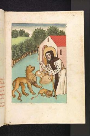 Die Löwin bringt ihr blindes Junges zur Zelle des Altvaters Makarius; (Makarius von Alexandrien).