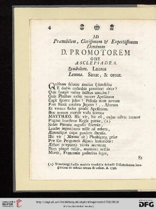 D. Promotorem, Ode Asclepiadea: Symbolum. Laurus, Lemma. Sanat, & ornat