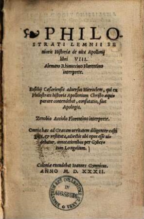 Philostrati Lemni senioris historiae de vita Apollonii : libri VIII.