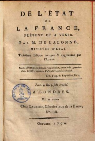 De l'état de la France présent & à venir
