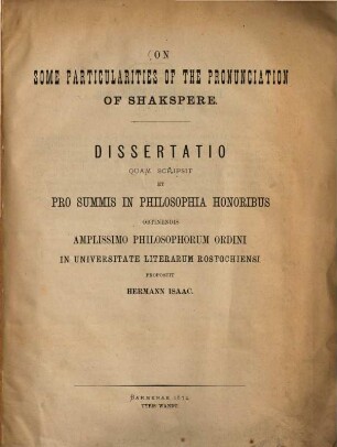 On some particularities of the pronunciation of Shakspere : Diss.