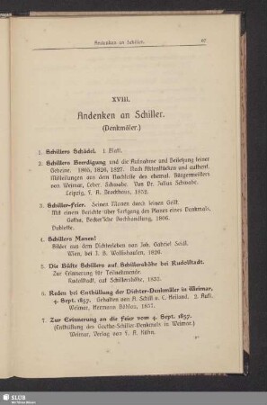 XVIII. Andenken an Schiller. (Denkmäler)