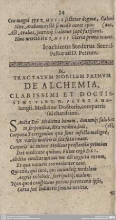 In TRACTATUM NOBILEM PRIMUM DE ALCHEMIA, CLARISSIMI ET DOCTISSIMI VIRI, D. PETRI AMELUNGII, Medicinae Doctoris, compatris sui charissimi.