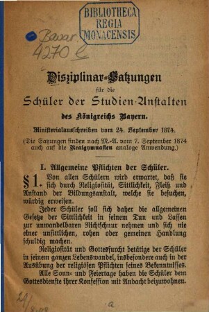 Disziplinar-Satzungen für die Schüler der Studienanstalten des Königreichs Bayern