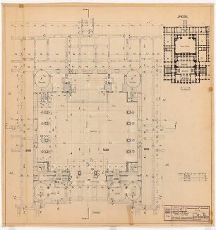 Preußischer Landtag, Berlin Umbau zum »Haus der Flieger«: Tragwerk und Statik: Grundriss EG (Saalgeschoss) 1:100, Lageplan