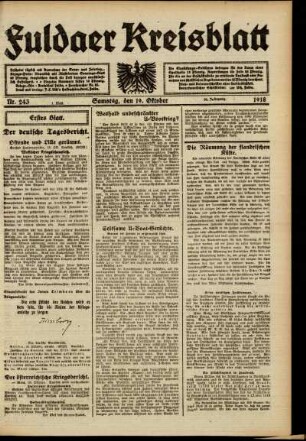 Erste Ausgabe vom Samstag, den 19. Oktober 1918.