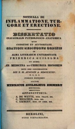 Nonnulla de inflammatione, turgore et erectione : Diss. inaug. path.-anat.