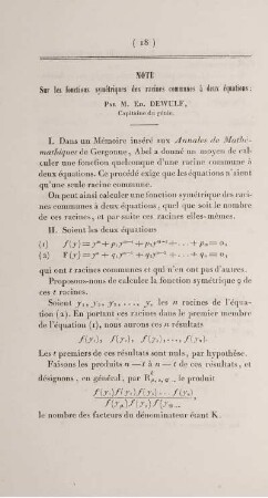 Note sur les fonctions symétriques des racines communes à deux équations.